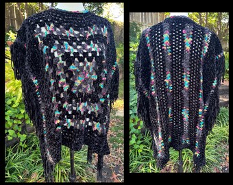 Elegant Black Velvet Granny Square Pullover Fringed Poncho with Colorful Accents