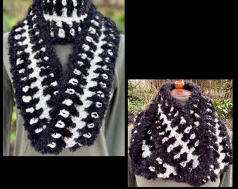 Black and White Faux Fur Infinity Crochet Scarf