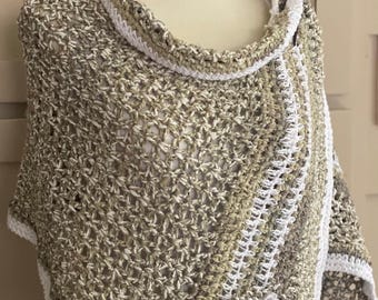 Handmade Crochet Cotton Blend Shawl, Cream Beige Green Boho Wrap with Floral Embellishments