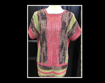 Freeform Tunic, Crochet Top, Boho Hippie Shirt, Knit Sweater, Multicolored Summer Tunic, Gift for Her, OOAK Spring Top, Pink Sweater