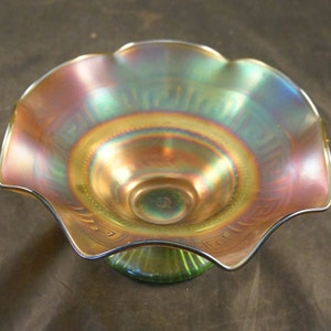 Northwood Green Glass Greek Key and Scales Ruffled Edge Footed Bowl