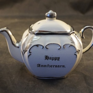 Sadler Miniature Teapot Happy Anniversary  Siler Trim