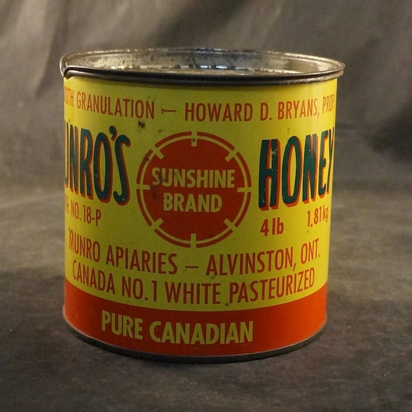 Munro's Sunshine Brand Honey Tin 4 pounds Howard D. Bryanws Prop. Alviston Ontario Canada