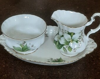 Royal Fine Bone China Tray with Cream and Sugar in Trillium Pattern