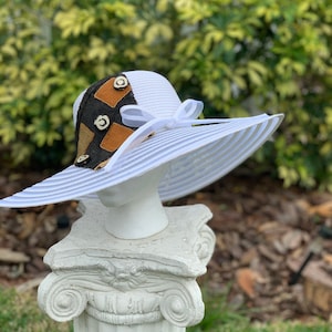 White Wide Brim Hat, Women White  Hat, Kentucky Derby Hat, Kuba Cloth Hat