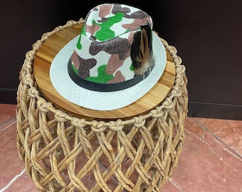 Camouflage Fedora, Camo Hat , Camouphage sting brim , Cruise Hat,  Tea Hat, Green Camo Hat , Beach Hat