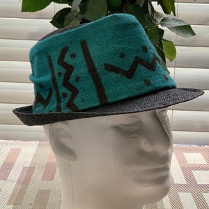 Mudcloth  Fedora Hat,Men Hat, Turquoise Hat, African Straw Hat, Stingy Brim Hat