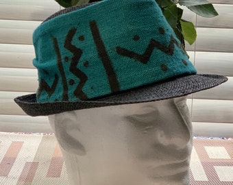 Mudcloth  Fedora Hat,Men Hat, Turquoise Hat, African Straw Hat, Stingy Brim Hat