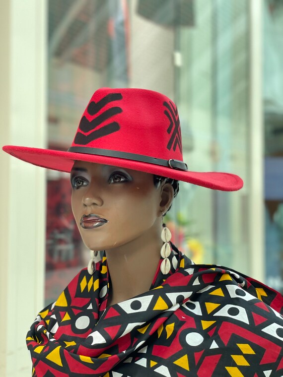 Red Wide Brim Fedora and Scarf, African Fedora , Valentine 