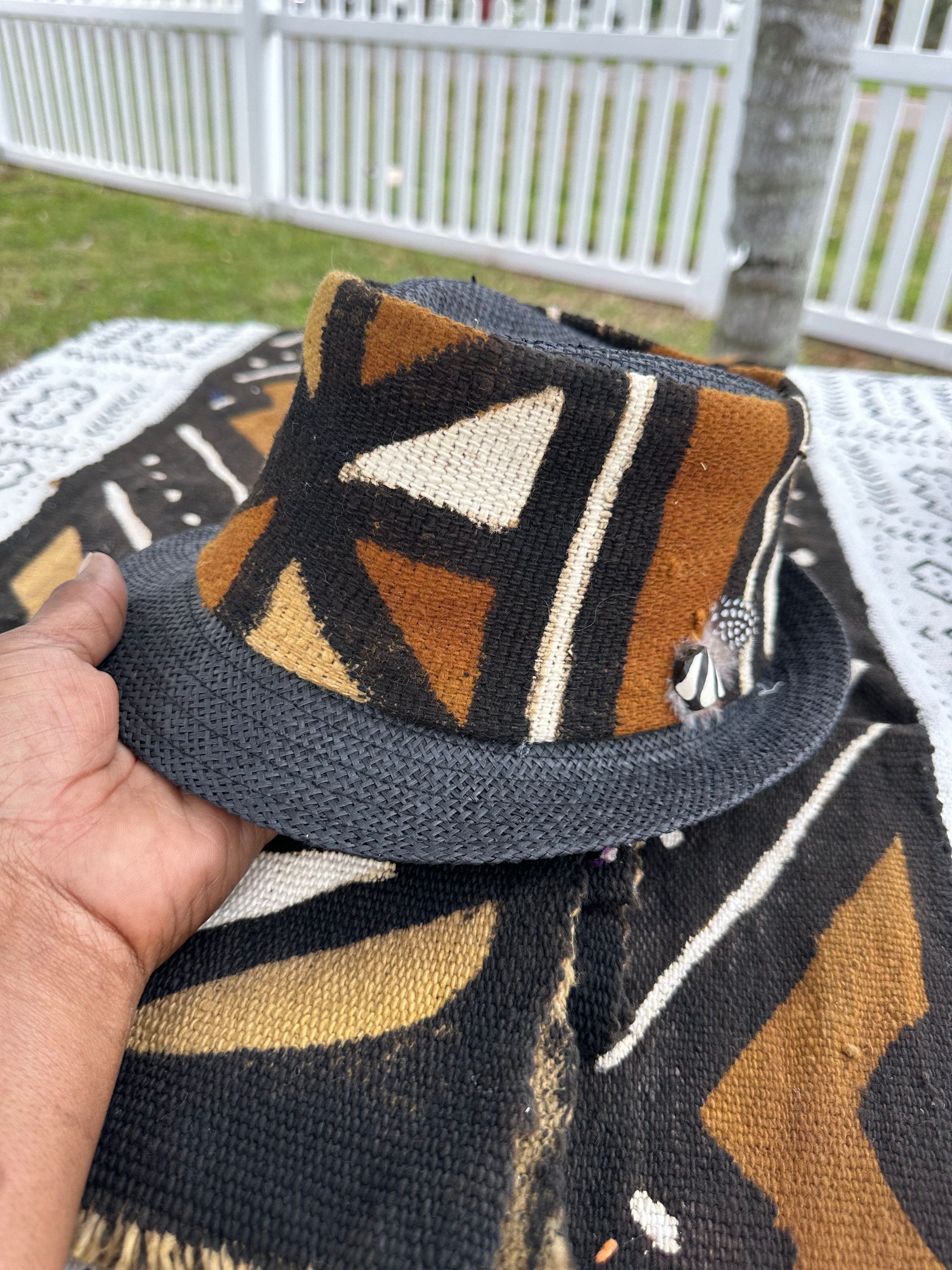 Blue Mudcloth Hat, Blue and White Fedora and Scarf , Cruise