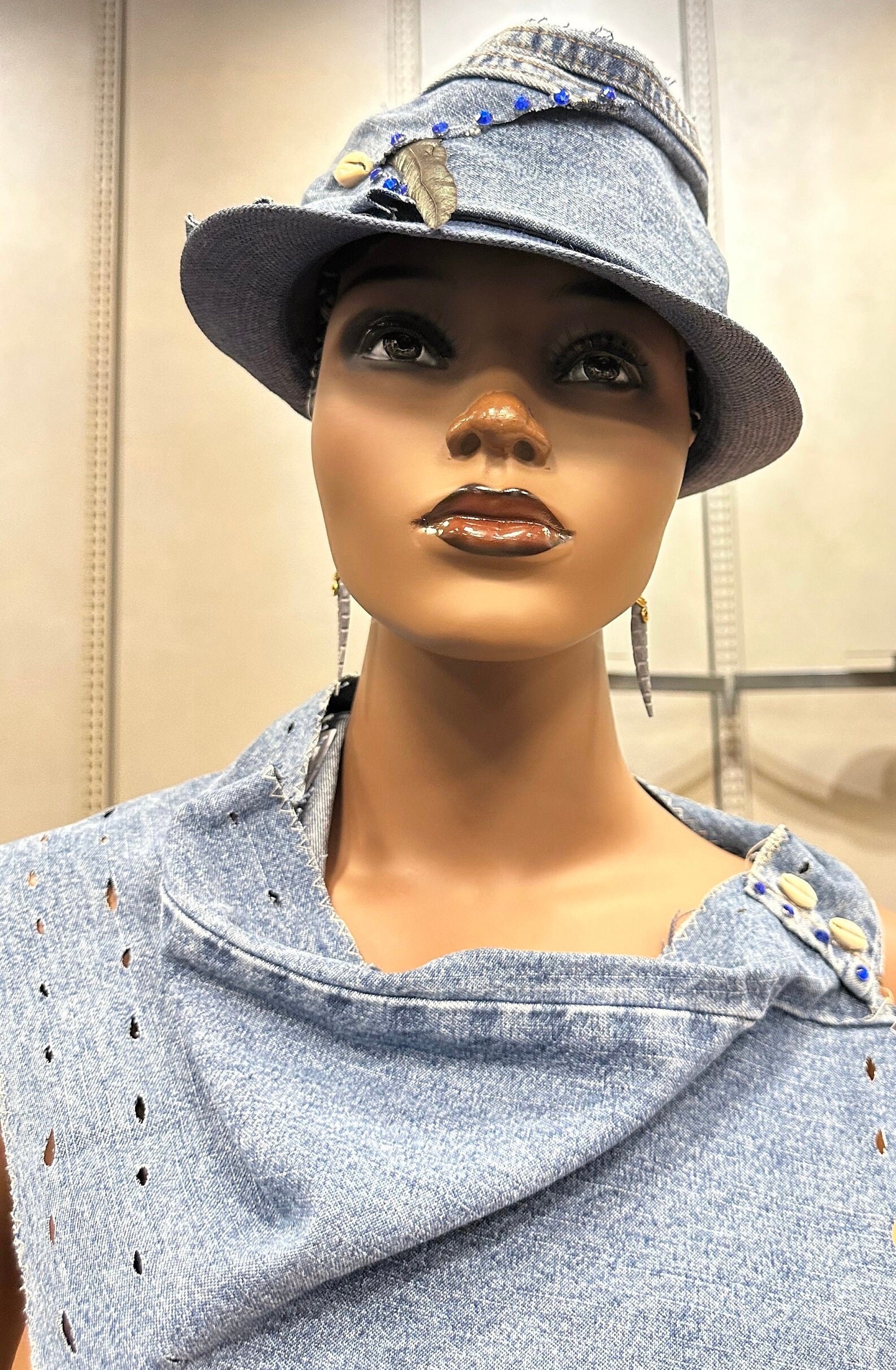 Denim Fedora Hat And Scarf , Denim Hat, Blue Denim Hat And Collar , Denim Short Brim Hat, Stingy Brim Hat, Christmas Gift , Gift for Her
