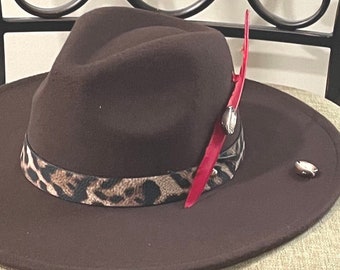 Brede rand bruine luipaard fedora, brede rand fedora, Afrikaanse fedora, designer fedora