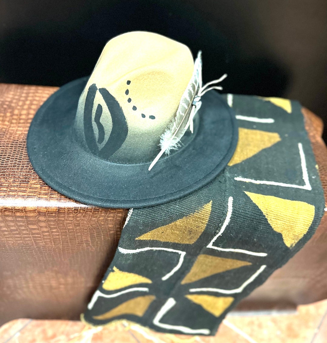 Hat and Scarf, Fedora Hat and Scarf, Mudcloth Scarf and Hay