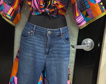African Paloso Jeans And BoleroJacket And Hat, African Jeans , Ethnic Jeans, Kente Cloth Print Jeans, Kente Cloth  Print jacket , Pink Hat