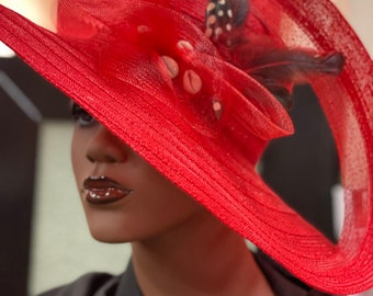 Ruby Red Summer Hat, Red Church Hat, Red Bridal Hat , Tea Party Hat, Red Zulu Hat