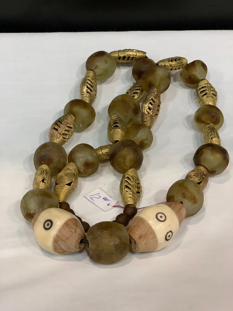 Midi Short Resin Bead Necklace - African Bone & Recycled Glass Green