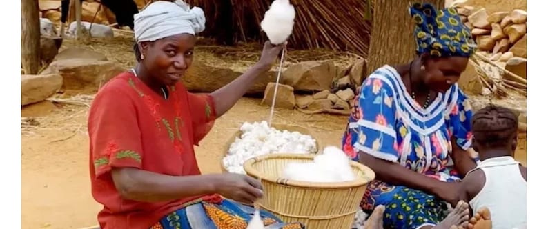 May include: Two women are working with cotton. One woman is spinning cotton on a spindle, while the other woman is separating cotton fibers in a woven basket. The women are wearing colorful clothing and head coverings.