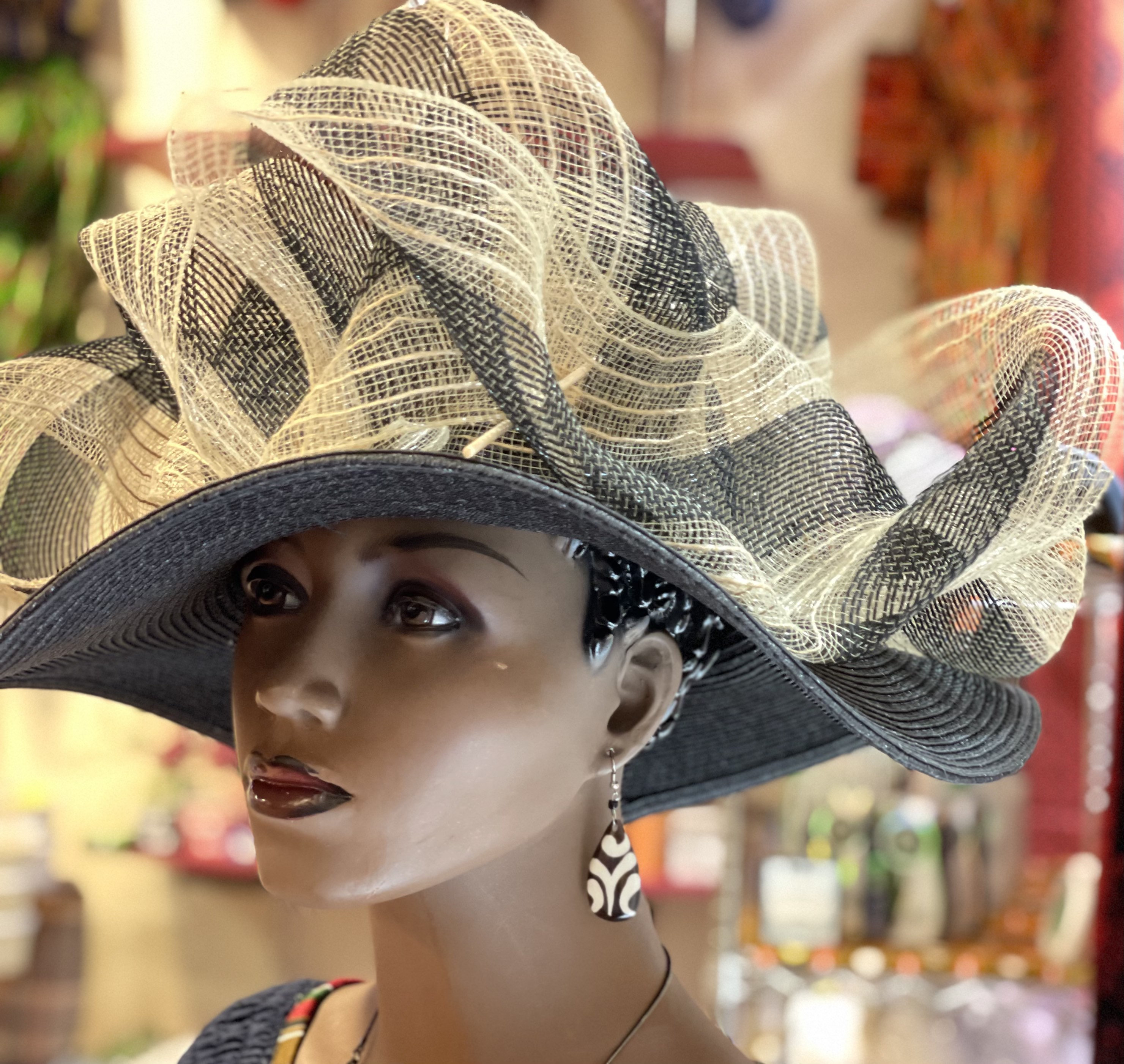 Black and Gold Large Brim Hat, African Bridal Hat , Ethnic 