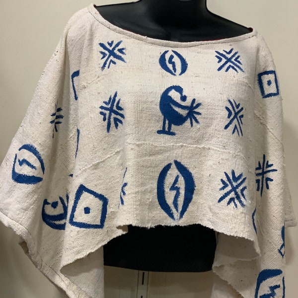 Sankofa Shrug, Bogolan Shrug , African Shrug , Ethnic Shrug , Blue  And White Mudcloth Shawl, Mudcloth Poncho