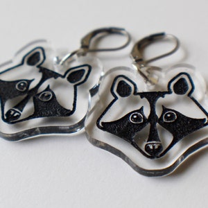 raccoon earrings/acrylic earrings/raccoon jewelry/woodland creatures/free shipping