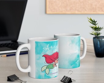 Ariel (La Sirenita) Taza de Cerámica 11oz, Ariel y Flounder lindo, taza de Princesa Disney