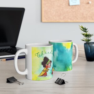 May include: White ceramic mug with a green, yellow, and blue watercolor design. The mug features a cartoon illustration of a woman with brown hair and a red dress, and the text "chickens" in green cursive.