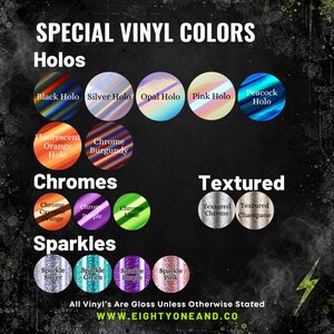 The image is a collection of various colored vinyl decals, including halo colors, chrome and texture effects, and sparkle effects. It is a visual representation of the different options available for customizing vinyl surfaces.