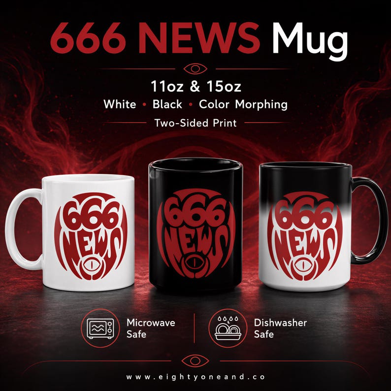 The image is an advertisement for a " 666 NEWS Mug" featuring three mugs with the same design. The mugs are white, black, and color-morphing, and they are described as having a two-sided print. The mugs are also labeled as microwave and dishwasher safe.