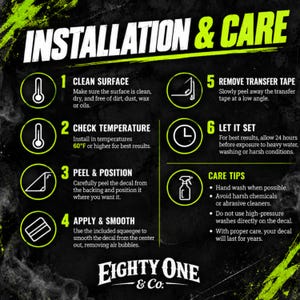 The image is an informational graphic with step-by-step instructions for installing and caring for a product, likely a decal or sticker.