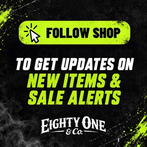 The image is a promotional graphic for a shop, featuring a yellow "FOLLOW SHOP" button, text indicating that the shop updates on new items and sale alerts are available, and the shop's name "EIGHTY ONE & Co."