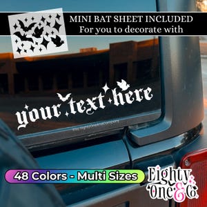 Custom Goth Text Decal + Bat Sticker Sheet – Personalized Gothic Vinyl Stickers, Bat-Themed Car & Laptop Decor, Witchy Gift