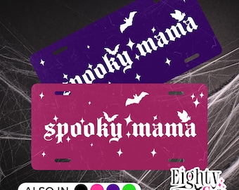 Spooky Mama Vanity Plate – Gothic Font with Bats & Stars (4 Color Options)