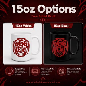 The image is a promotional graphic for two-sided mugs, featuring a white mug with a red design and a black mug with a red design. The mugs are labeled as "15 oz Options" and "Two-Sided Print".