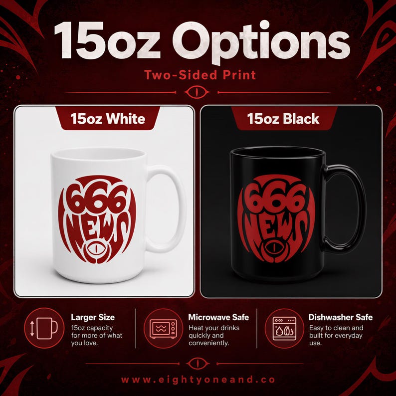 The image is a promotional graphic for two-sided mugs, featuring a white mug with a red design and a black mug with a red design. The mugs are labeled as "15 oz Options" and "Two-Sided Print".