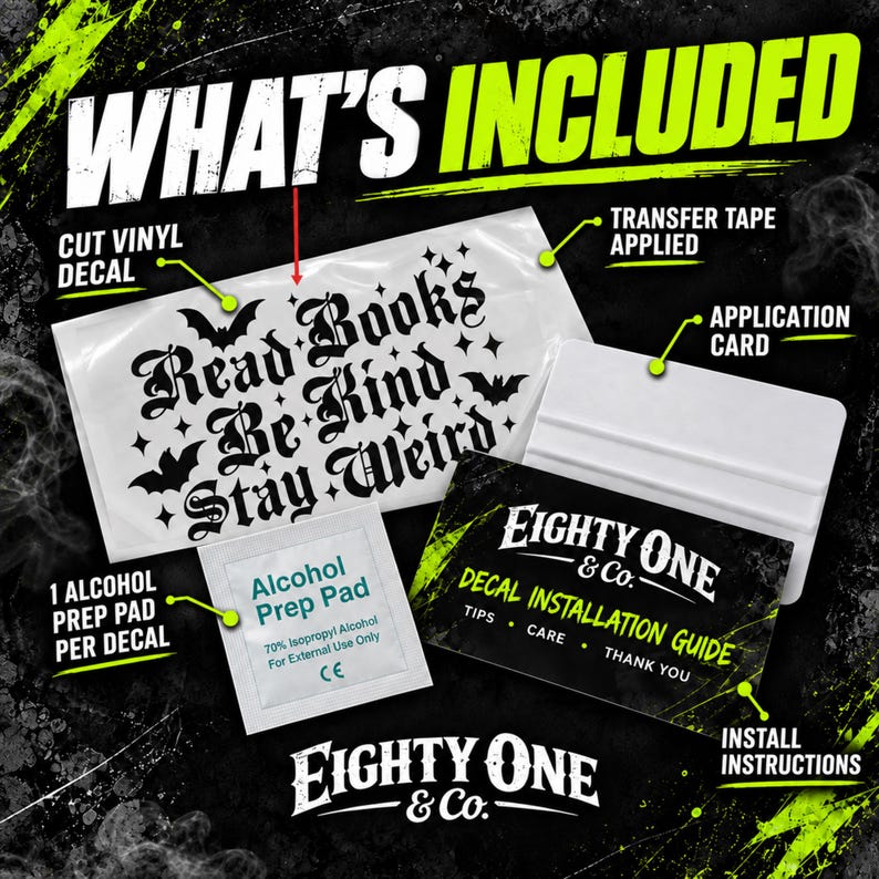 The image is an advertisement for a product called "EIGHTY ONE & Co." that includes a cut vinyl decal, transfer tape, an application card, an alcohol prep pad, and instructions for installing the decal.