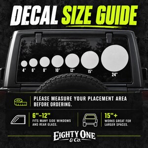 The image is a decal size guide for various decals, providing measurements and descriptions for different decal sizes.