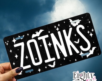 Zoinks Gloss Black Car Vanity Plate – Witchy Bats & Stars Edition
