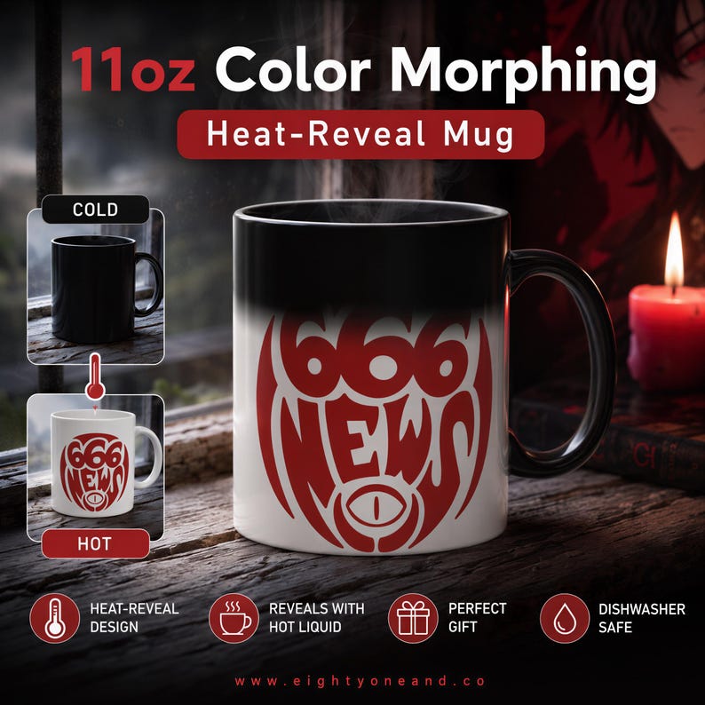 The image is an advertisement for a color-changing mug. It features a mug with a design that changes colors when hot liquid is added, and it is placed on a wooden surface with a lit candle in the background.