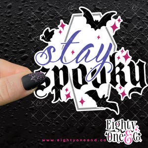 Stay Spooky Vinyl Sticker, Waterproof Decal with Coffin, Stars and Bats, Halloween Decoration, Goth Laptop Decal, Creepy Car Sticker, Dark