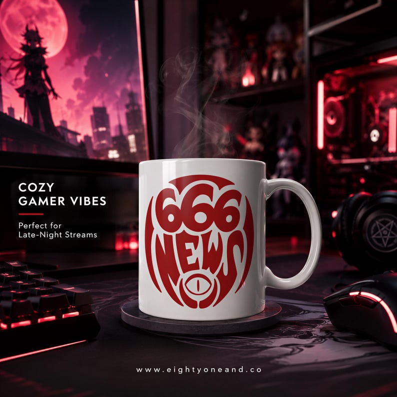 A mug with the text "666 News" printed on it, placed on a desk with a computer monitor, keyboard, and mouse in the background.