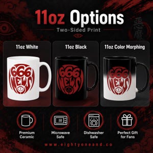 The image is an advertisement for 11oz options of two-sided print mugs, featuring three different color options: white, black, and color-morphing.