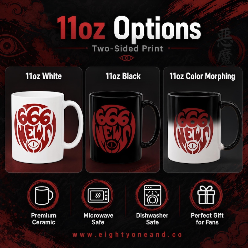 The image is an advertisement for 11oz options of two-sided print mugs, featuring three different color options: white, black, and color-morphing.