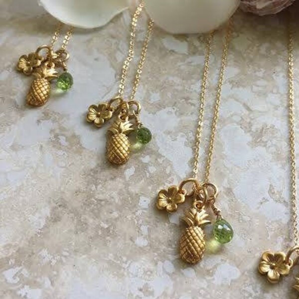 Maui Golden Pineapple vermeil charm necklace w/tiny Flower blossom and bright green faceted Peridot briolette