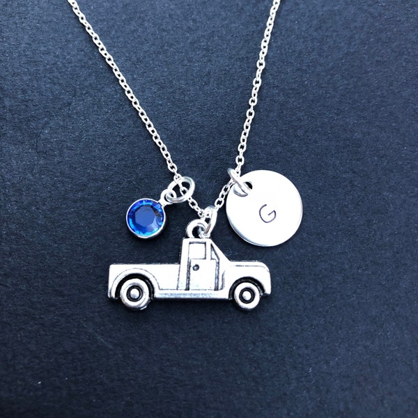 Personalized Pickup Truck Charm Necklace - Pickup Truck Charm Necklace - Personalized Hand Stamped Initial Birthstone Truck Charm Necklace