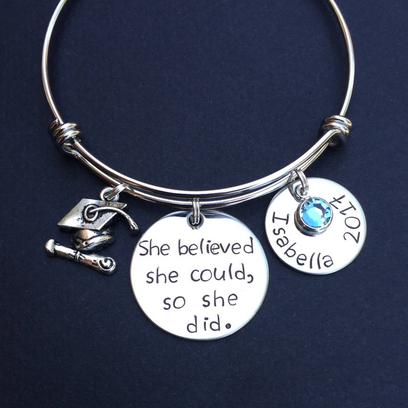 Graduation Gift Expandable Wire so she did She believed she could Motivational Message. Hand Stamped Bracelet Graduation Bracelet