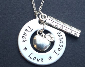 Teach Love Inspire Hand Stamped Teacher Necklace -Teacher Appreciation Gift - Hand Stamped Jewelry - Personalized - Stainless steel Necklace