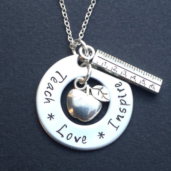 Teach Love Inspire Hand Stamped Teacher Necklace -Teacher Appreciation Gift - Hand Stamped Jewelry - Personalized - Stainless steel Necklace