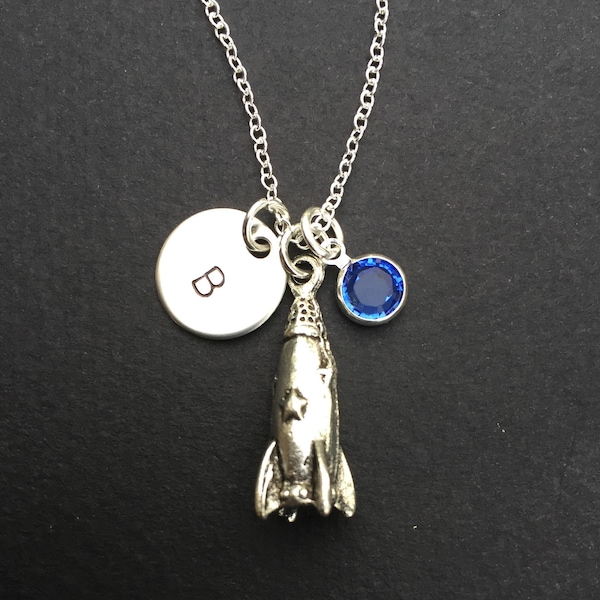 Rocket Necklace - Rocket Pendant - Rocket Charm Necklace - Initial Necklace - Personalized space rocket necklace - Customized birthstone