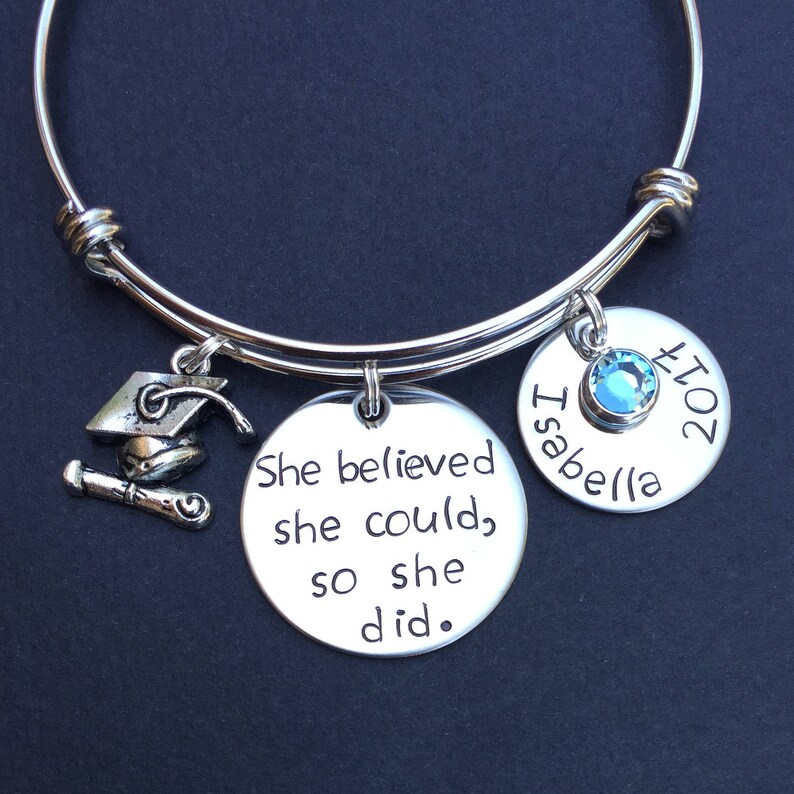 Graduation Gift Expandable Wire so she did She believed she could Motivational Message. Hand Stamped Bracelet Graduation Bracelet