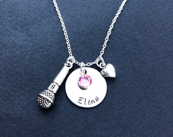 Personalized singing necklace - singer necklace with birthstone - gift for singer - stainless steel necklace for singer - microphone charm